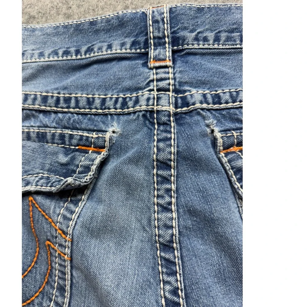 True Religion Skinny Leg Jeans Mens 42 Blue Whiskering Denim Thick Stitch Y2K